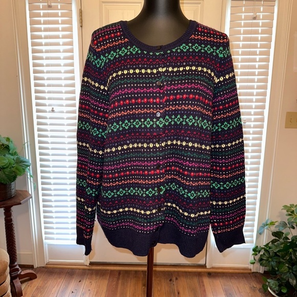 🔥Talbots Lambswool Blend Cardigan Sweater Navy w/Multi-Color & Clear Sequins 1X - Picture 2 of 4